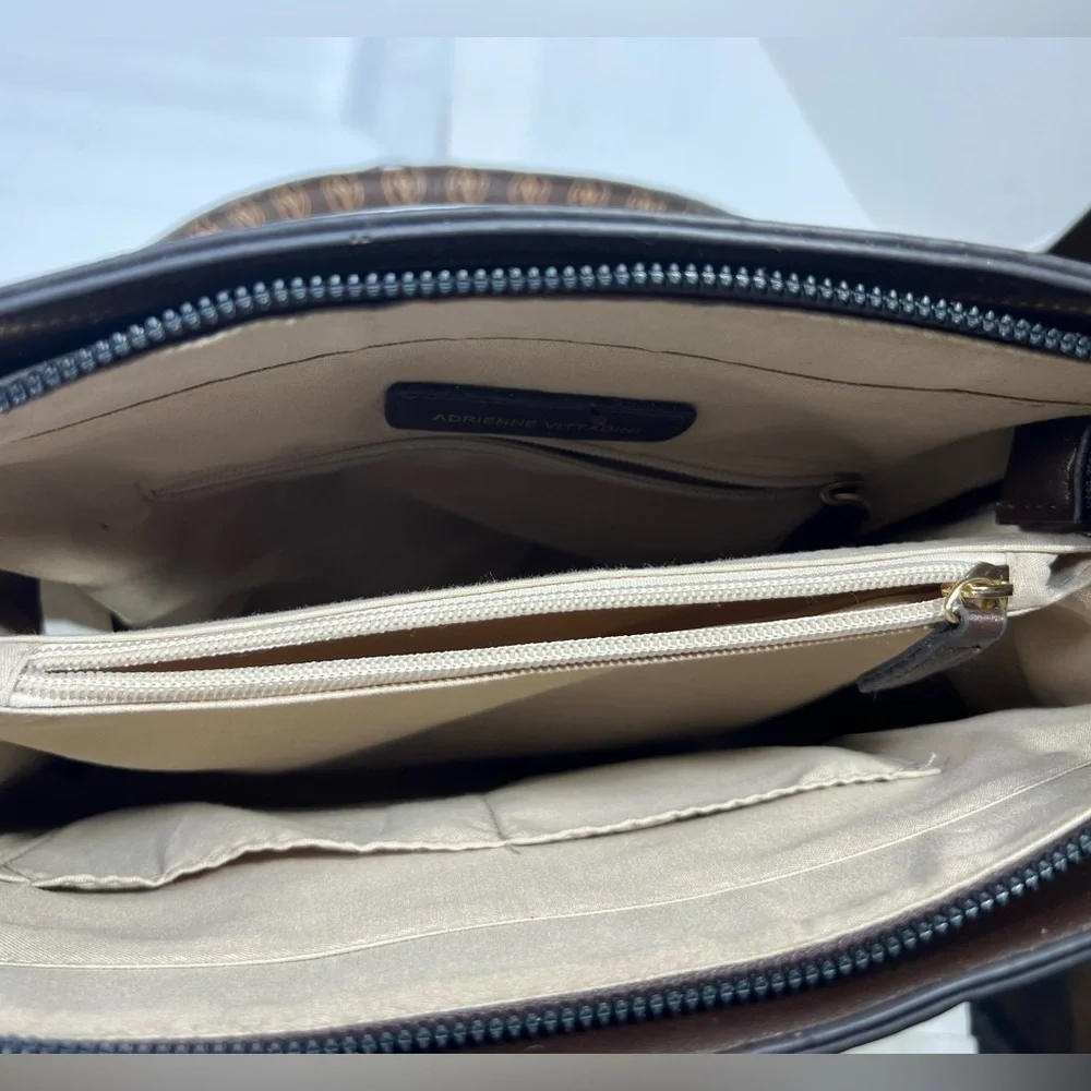 Adrienne Vittadini Brown Vegan Leather and Cream Linen Medium  Handbag
